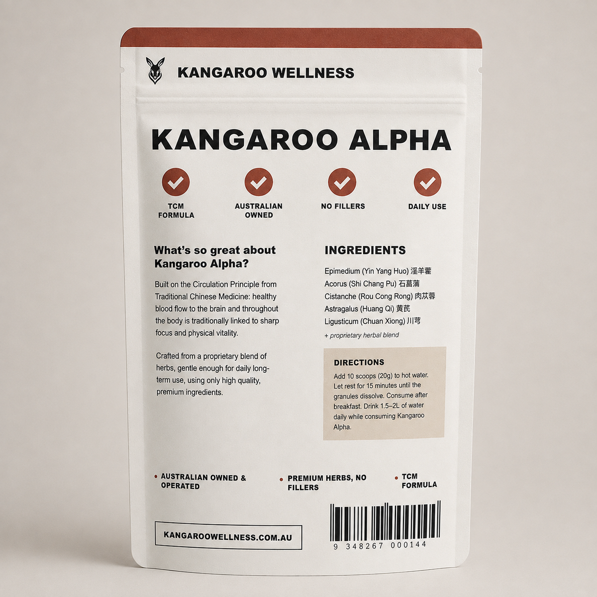 Kangaroo Alpha Men's Vitality Formula - back of pouch showing ingredients and directions