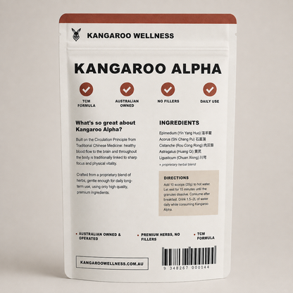 Kangaroo Alpha Men's Vitality Formula - back of pouch showing ingredients and directions