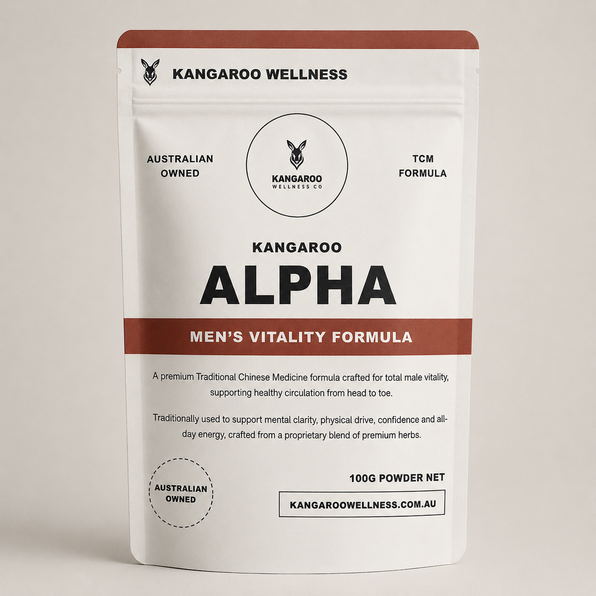 Kangaroo Alpha Men's Vitality Formula - front of pouch, 100g TCM powder